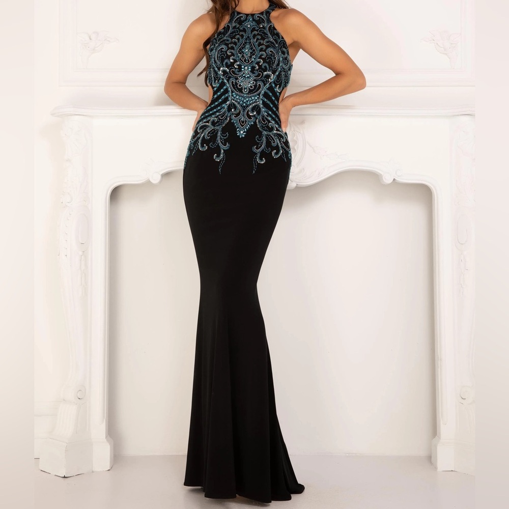 Lucci Lu 1142 Sapphire/black Size 2 High Neck Open Back Beaded Long Dress